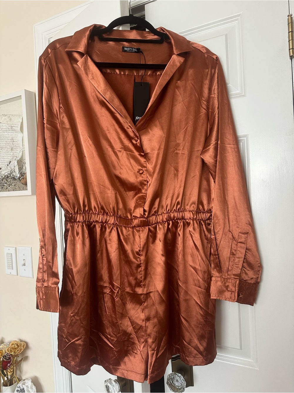 NASTY GAL Satin Romper in Rust Brown